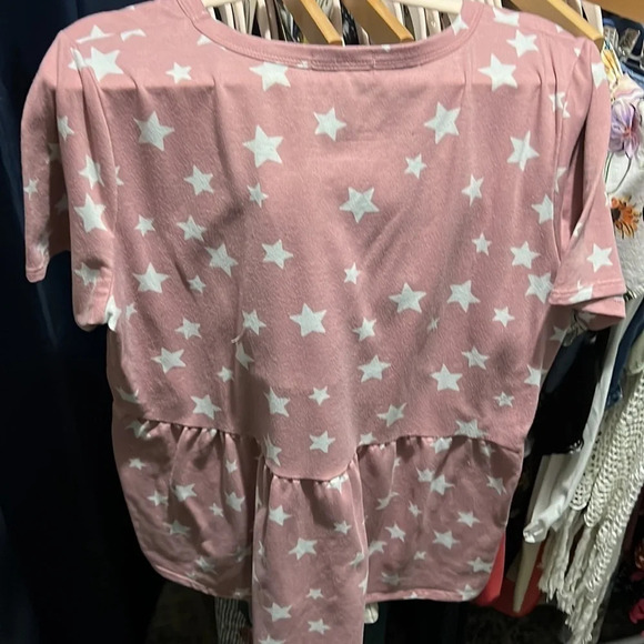 CHA Can Vents Pink Top With White Stars high low hem babydoll style. - Picture 3 of 3